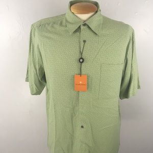 Toscano 100% silk sport shirt green blue short sleeves button down all silk